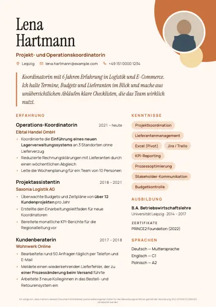 Vorschau der Lebenslauf-Vorlage Creative mit Beispielinhalt