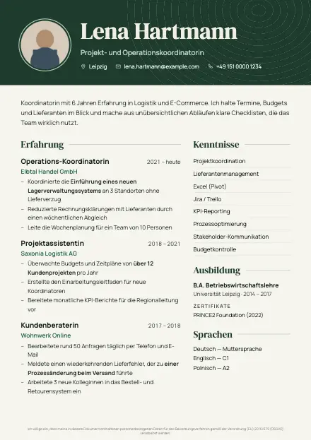 Vorschau der Lebenslauf-Vorlage Forest mit Beispielinhalt