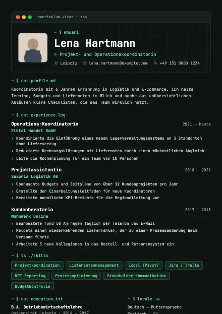 Vorschau der Lebenslauf-Vorlage Tech mit Beispielinhalt