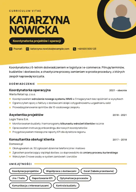 Podgląd wzoru CV Bold z przykładowym CV