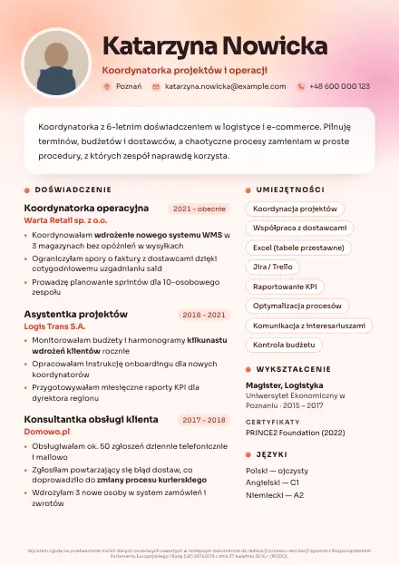 Podgląd wzoru CV Coral z przykładowym CV