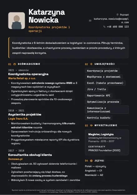 Podgląd wzoru CV Graphite z przykładowym CV