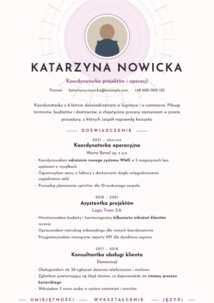 Podgląd wzoru CV Halo z przykładowym CV
