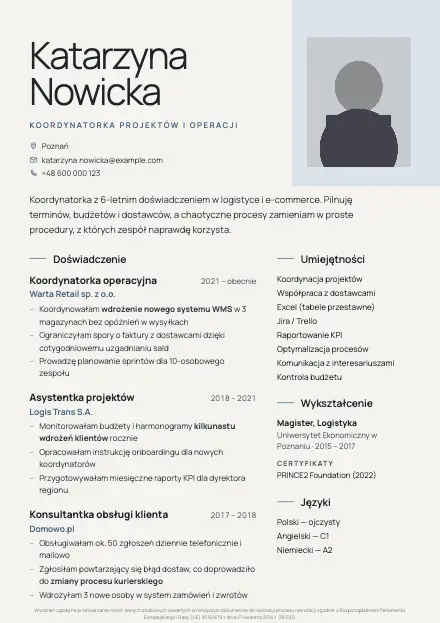Podgląd wzoru CV Nordic z przykładowym CV