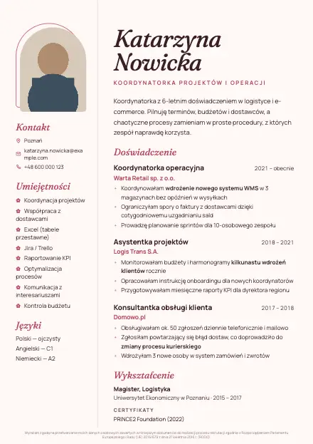 Podgląd wzoru CV Rose z przykładowym CV