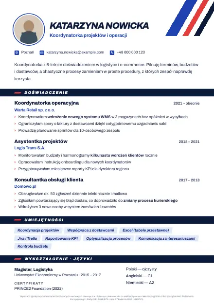 Podgląd wzoru CV Stripe z przykładowym CV